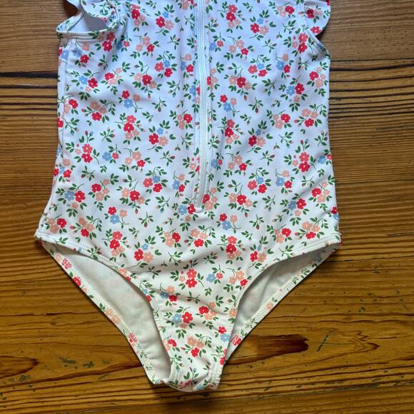 Shein white red pink floral ruffle sleeveless zip front swimsuit SIZE 7 - Picture 4 of 5